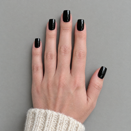 Black Tie (Square) press-on nails in an overhead flat lay matching the original model and sleeve