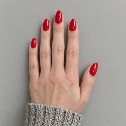 Red Letter (Oval) press-on nails in an overhead flat lay matching the original model and sleeve
