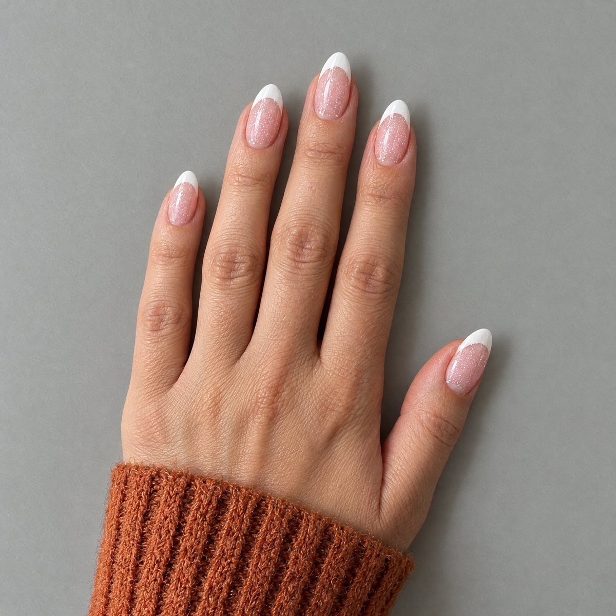 Starlight (Oval) shimmering French press-on nails in an overhead flat lay with the matching rust knit sleeve