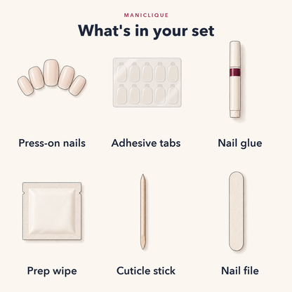 What's in every MANICLIQUE set: press-on nails, adhesive tabs, nail glue, prep wipe, cuticle stick, and nail file.