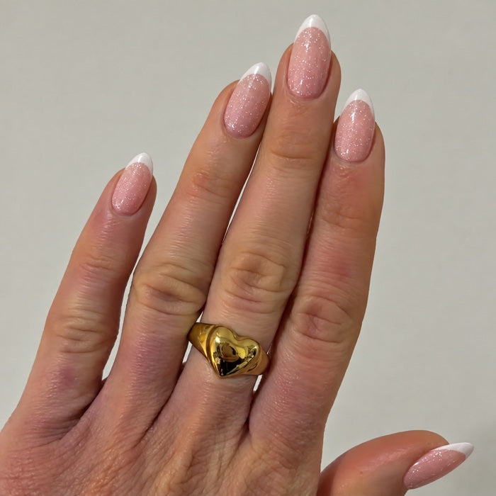 Shimmer French manicure with gold ring