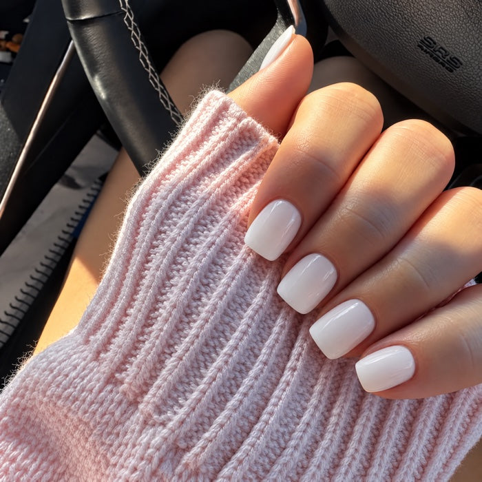 Pale manicure with pink knit sleeve